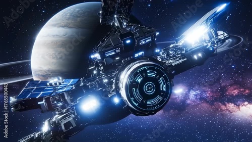 Futuristic space station with glowing lights, orbiting a planet, in starry cosmos