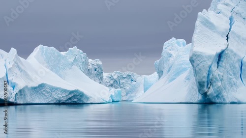 Majestic icebergs, weathered and fractured, float on calm water beneath a grey sky