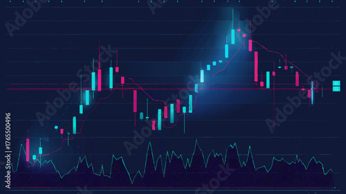 cryptocurrency or stock market candlestick chart in a futuristic neon style. technical indicator line, volume data below the chart . Generative ai vector colorful illustration.