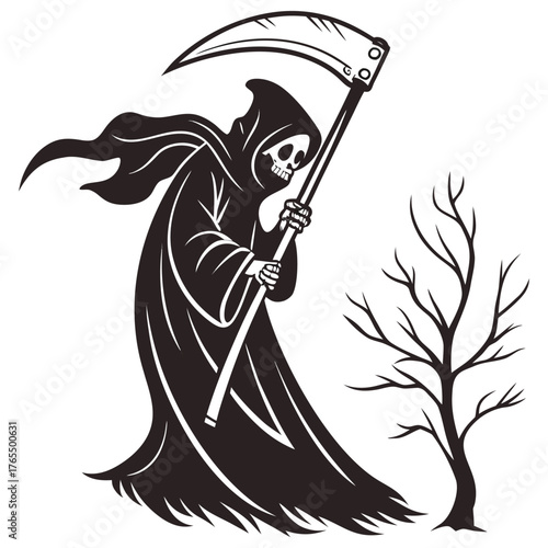 gothic reaper, dark figure with cloak and scythe, eerie silhouette of death, grim reaper in monochrome, haunting presence of the underworld
