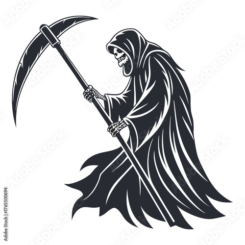 grim reaper, hooded figure, death personified, skeletal figure wielding scythe, dramatic dark silhouette, monochrome illustration, gothic fantasy style, high contrast digital art
