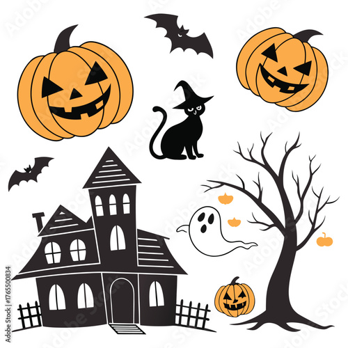 Halloween, jack-o-lanterns, black cat, haunted house, bats, ghost, pumpkins, spooky, creepy, fall, autumn, holiday, scary, decorative, illustration, vector graphics
