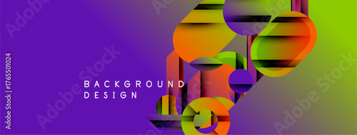 Abstract gradient background features overlapping circles, squares. Vibrant purple transitions into bright green. Modern design elements present.