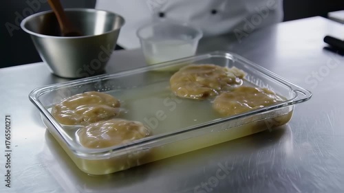Rectangular glass dish holds multiple floating, amorphous shapes in liquid, with tools & a person nearby