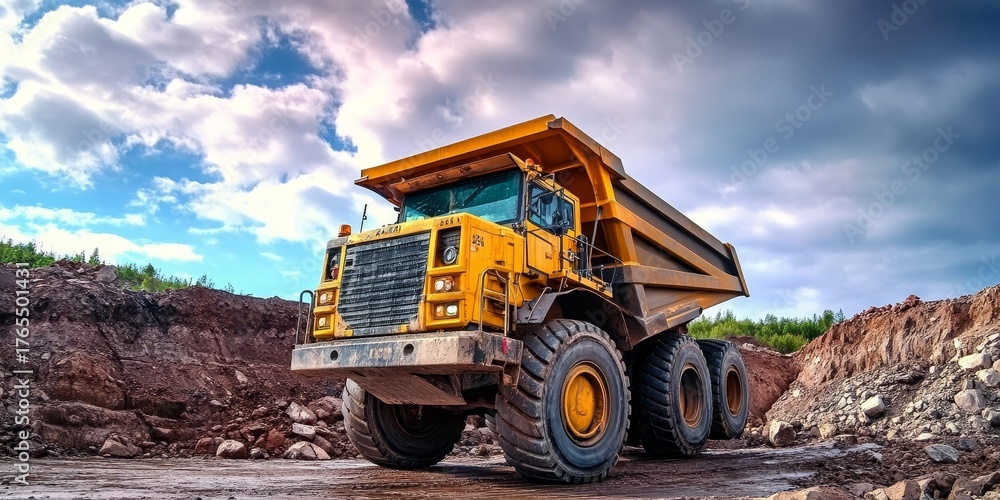 Fototapeta premium Oversized Yellow Dump Truck on Construction Site for Earth Excavation and Material Handling Tasks