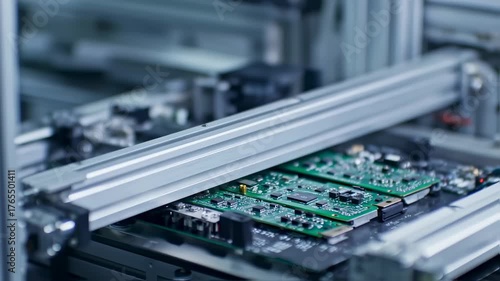 Automated assembly of circuit boards in a factory setting, showcasing precision and technology