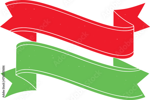 Red and Green Ribbons with White Outline on White Background Keywords: banner, ribbon, red