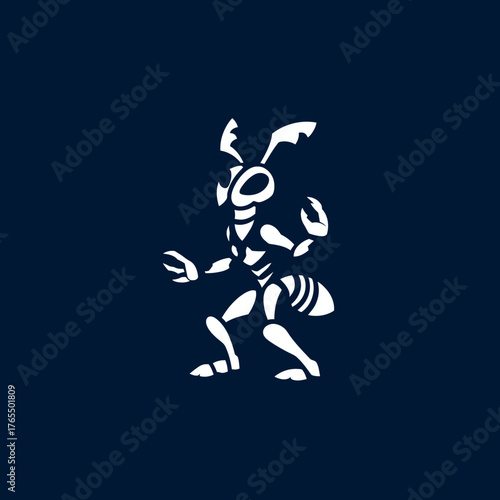 Stylized White Skeletal Ant Graphic on Dark Blue Background. Detailed Insect Illustration with Abstract Bone Structure, Minimalist Design.