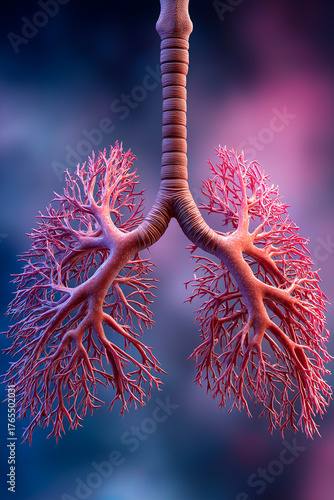 High Detail 3D Medical Illustration of Human Lungs and Bronchial Tree with Deep Background
