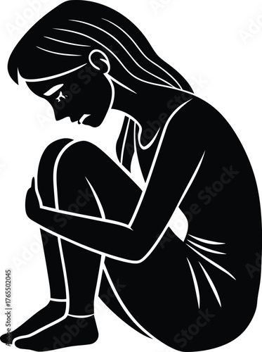 Silhouette of a sad woman curled up on a white background