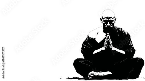 Contemplative bald man meditating in a peaceful cross-legged position, hands together, spiritual focus, high contrast black and white art.
