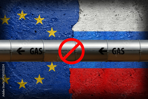 Gas and oil pipe in front of Flag of Europe Union and Russia painted on a concrete cracked wall