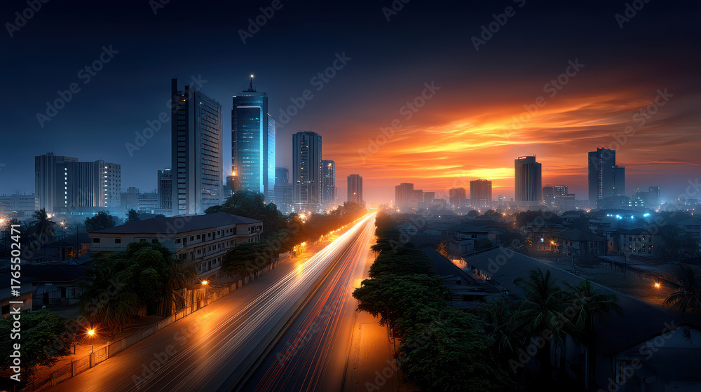 Fototapeta premium City skyline at sunset with illuminated road and modern buildings creating vibrant urban atmosphere with warm and cool light contrast