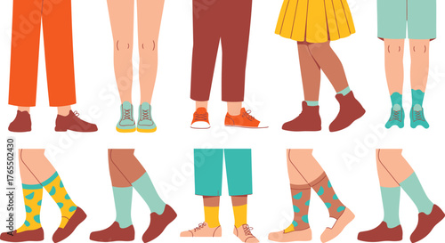 Diverse Cartoon Legs Featuring Colorful Socks, Shoes, Pants and Shorts Standing on White Background