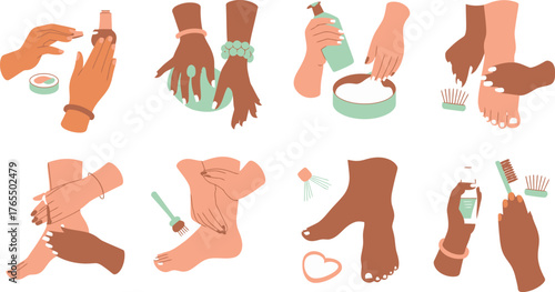 Diverse Hands and Feet Manicuring, Pedicuring, and Applying Skincare Products in a Spa Setting Illustration