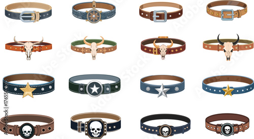 Collection of 16 stylish leather belts with decorative buckles isolated