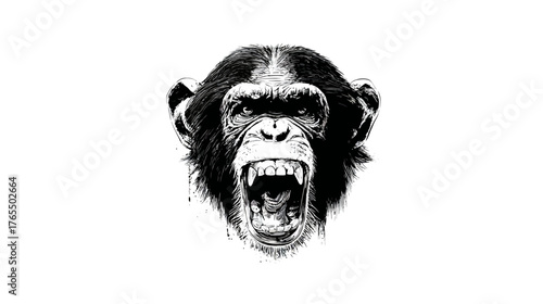 Powerful black and white chimpanzee roaring illustration, aggressive ape showing teeth, wild primate headshot isolated on white