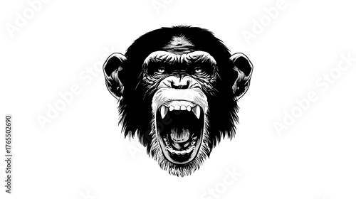 Intense black and white illustration of an aggressive chimpanzee head roaring with bared teeth, wild primate vector artwork