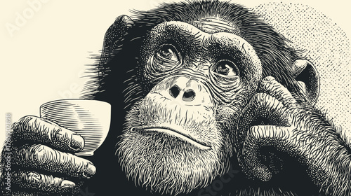 Contemplative chimpanzee holding a small cup in a vintage black and white engraving style illustration, thoughtful primate