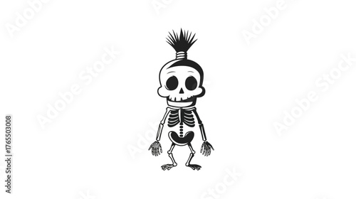 Whimsical cartoon skeleton character with spiky mohawk hair, cute spooky mascot illustration for Halloween and fun design.