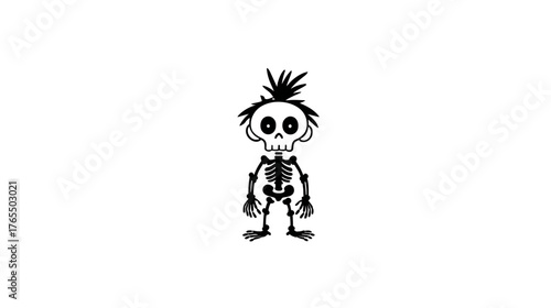Whimsical cartoon skeleton character with spiky hair and big eyes, funny spooky illustration for Halloween designs