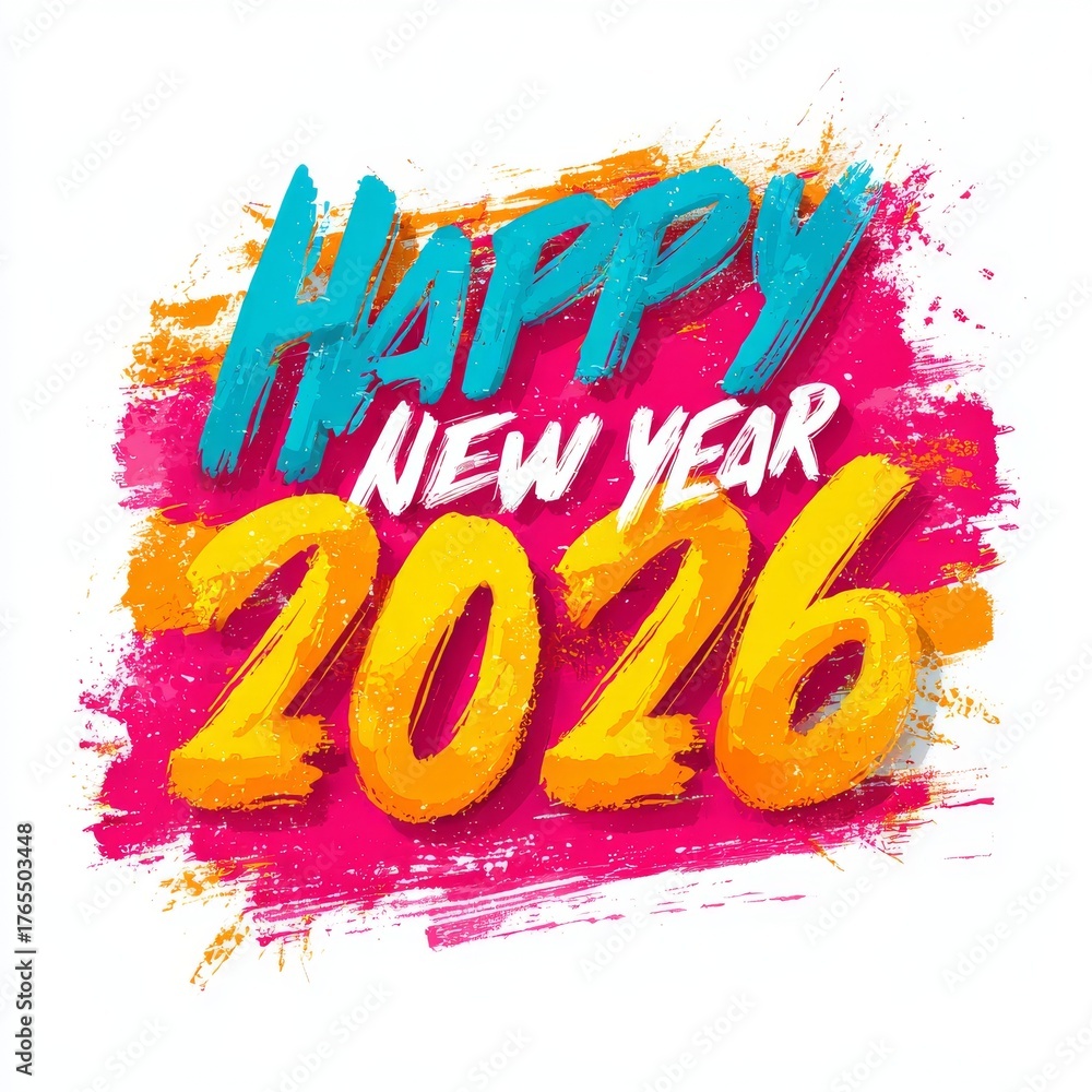 Fototapeta premium Happy New Year 2026 is coming with a colorful festive background design that features vibrant typography and multicolor graphic art for holiday events and party invitations
