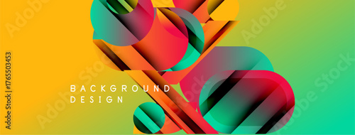 Abstract colorful shapes overlap creating dynamic background. Gradient transitions blend yellow, green, red hues. Modern design element.