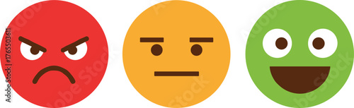 Three emotional emoticons with varied expressions red angry neutral orange green happy for feedback scales
