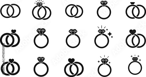 Wedding and Engagement Ring Icons Set – Black Silhouettes