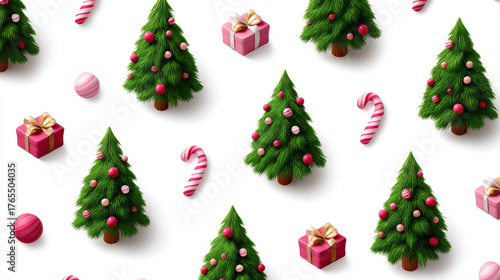 Christmas tree with red and pink ornaments, candy canes, and gift boxes with golden ribbons on white background, festive holiday pattern