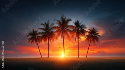 Tropical palm trees silhouette at vibrant sunset with colorful sky and calm ocean horizon creating peaceful mood