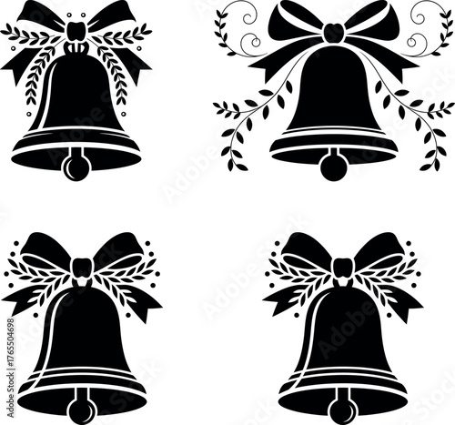Set of golden Christmas bells with ribbons and bows vector illustration