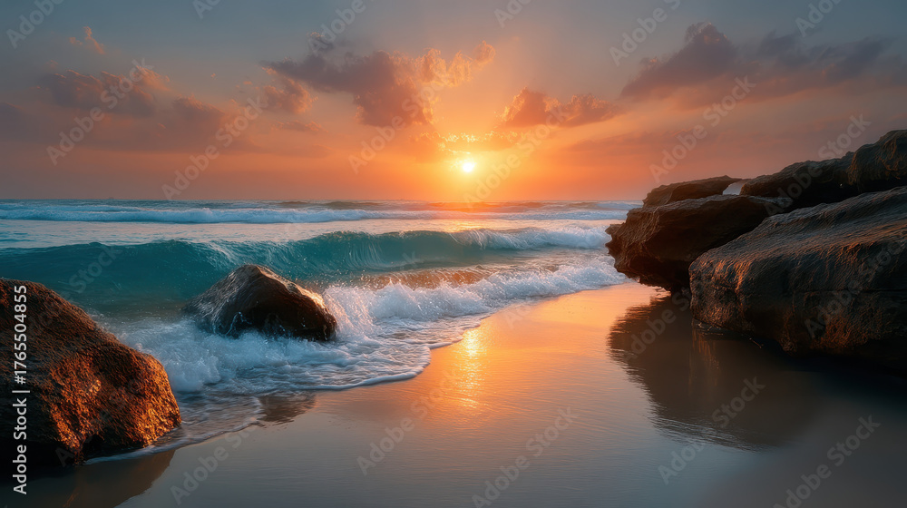 Obraz premium Sunset over ocean waves crashing on rocky beach with vibrant sky and warm light reflection on water