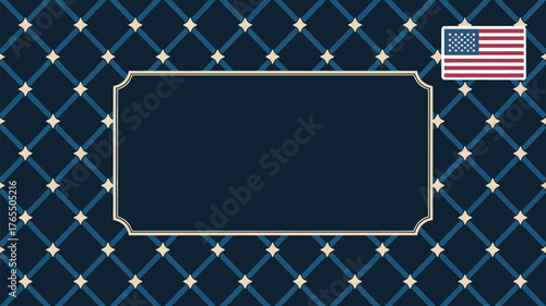Navy background with a diamond pattern, a frame, and an american flag in the upper right corner