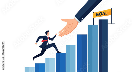 Businessman receiving help climbing stairs towards success and reaching a goal.
