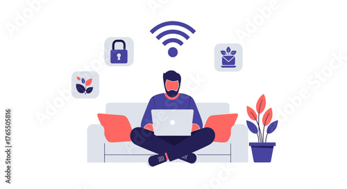 Man working remotely on laptop with secure connection and plant symbols