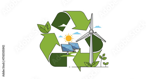 Sustainable energy sources symbolized by recycling, solar panels, and wind turbines under a bright sun.