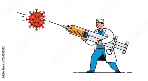 Doctor bravely fights virus with large syringe, symbolizing vaccination and protection