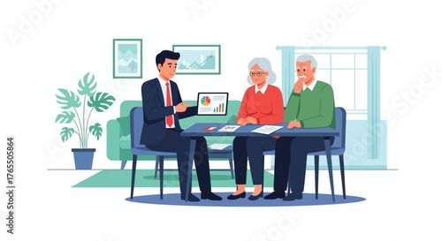 Financial advisor presenting investment options to concerned elderly couple in home office