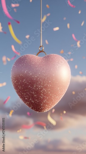 Pink heart ornament hangs gracefully in the air, surrounded by vibrant confetti, evoking a joyful and celebratory ambiance perfect for special events