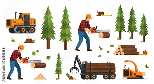 Lumberjacks with chainsaws and heavy machinery harvesting trees in a forest setting.