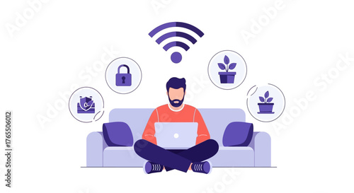 Man working on laptop at home, surrounded by symbols of security, growth, and connectivity