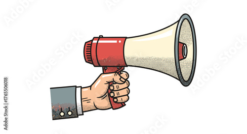 Hand holding a vintage megaphone, announcing important news with a clear voice.