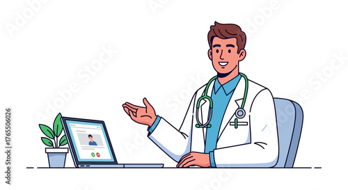 Friendly doctor consults with patient via video call, offering healthcare remotely.