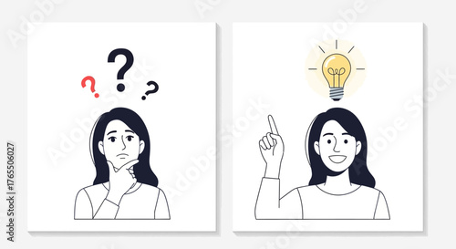 Woman pondering with question marks, then having a bright idea symbolized by a lightbulb.