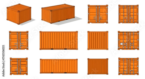 Collection of orange shipping containers shown from multiple perspectives for logistics and transport concepts