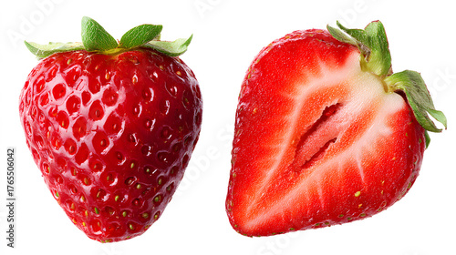 Fresh strawberries cut in half on isolated white background, revealing its juicy red interior, white core, and visible seed patterns.