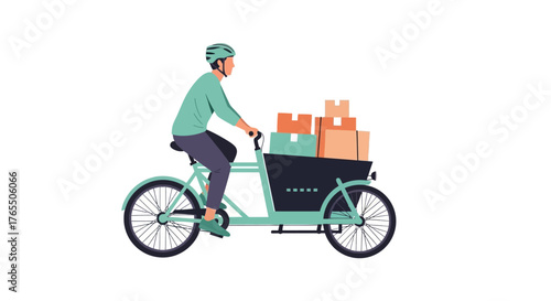 Person riding a cargo bike loaded with packages on a white background, symbolizing eco-friendly delivery.