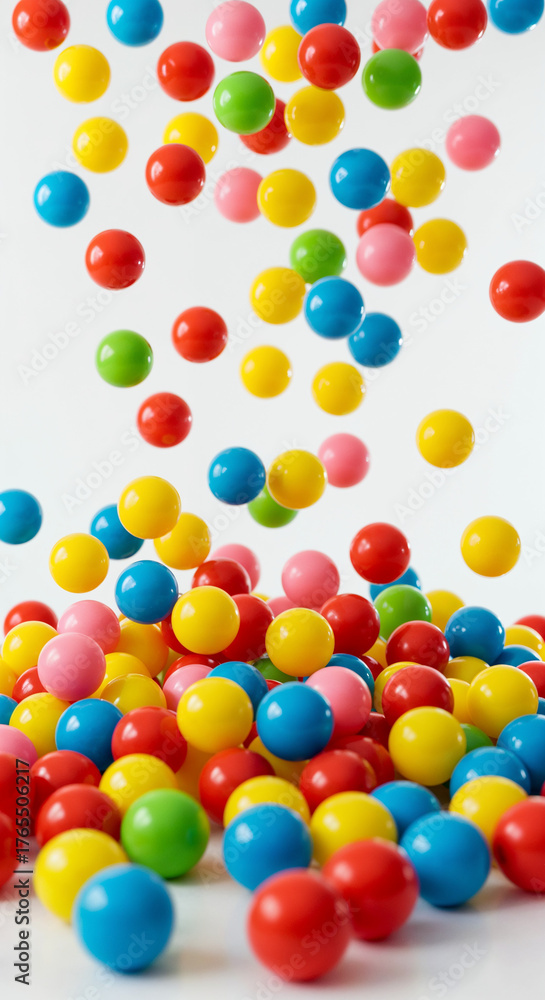 Obraz premium Colorful plastic balls falling onto a bright white surface in mid-air. 