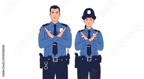 Two police officers, male and female, standing with arms crossed in protest or refusal gesture.